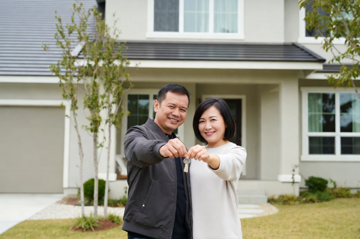 Happy Homeowners holding a set of keys to their new home (1)